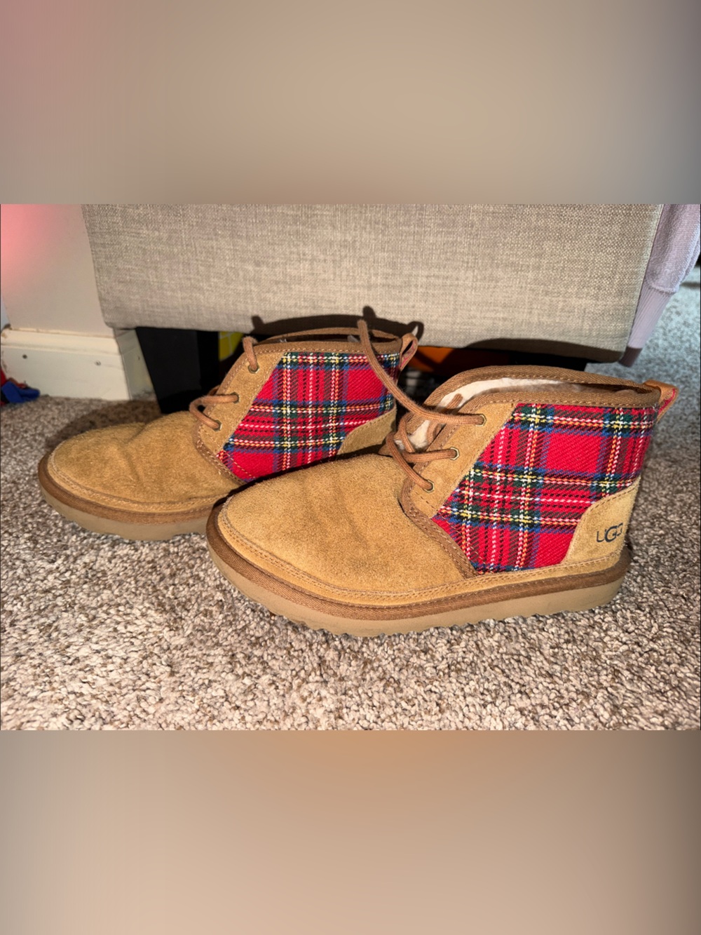 UGG Kids Tan Suede Boots with Red Plaid Panels